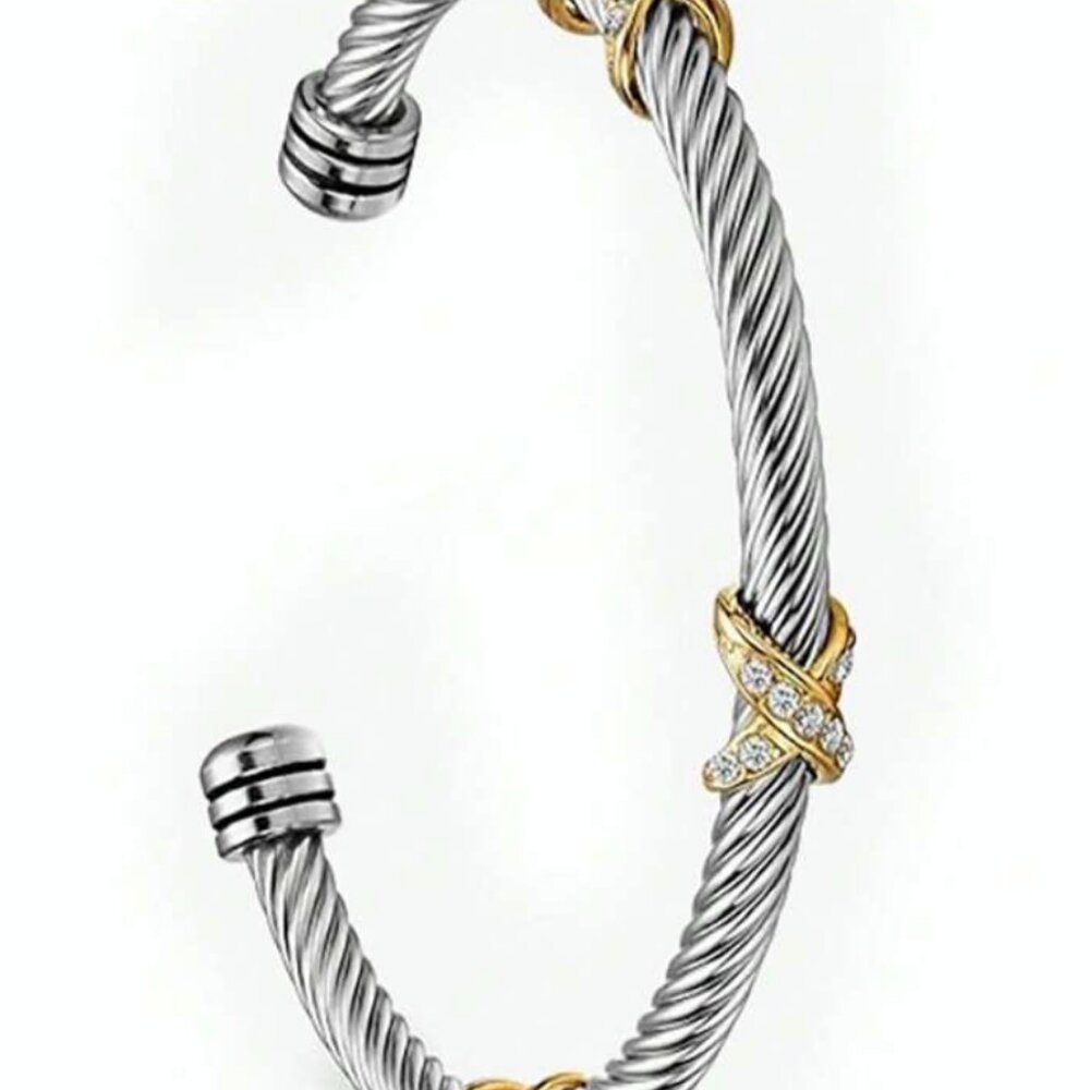 Elegant Silver Cable Bracelet 3 Gold X Accents with Cubic Zirconia for Women